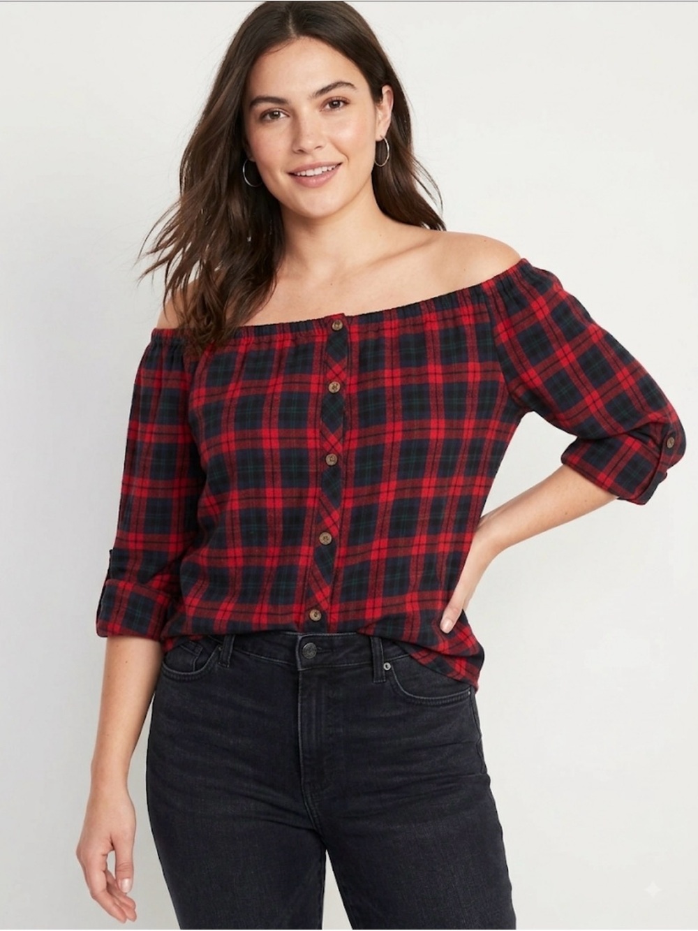 P.S. Kate Off the Shoulder Plaid Top